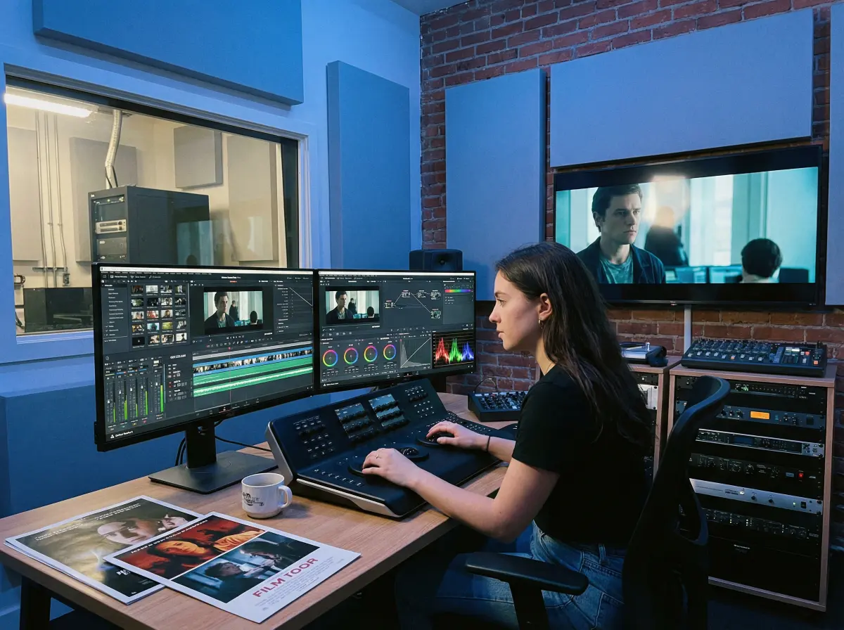 年轻剪辑师在后期工作室工作的 小马拉大车 故事